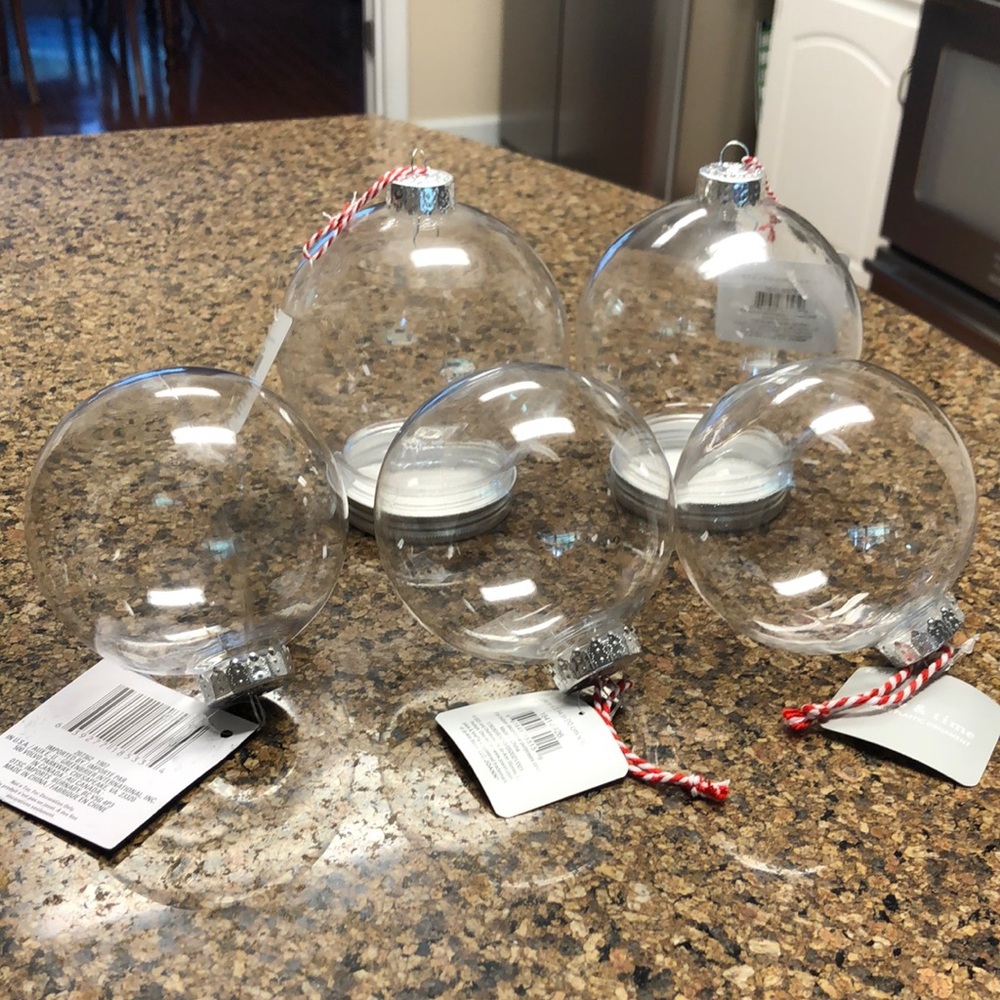 Five Snowglobe fillable plastic ornaments